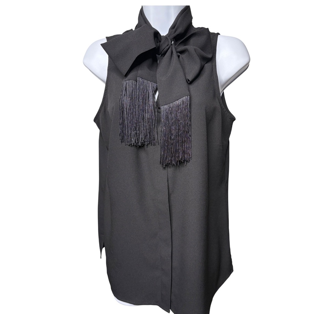 CAbi Womens Black Sleeveless Fringe Tie Neck Blouse Sz M Scarf Top Statement